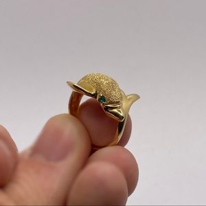 14K Yellow Gold Dolphin Ring with Emerald Eyes